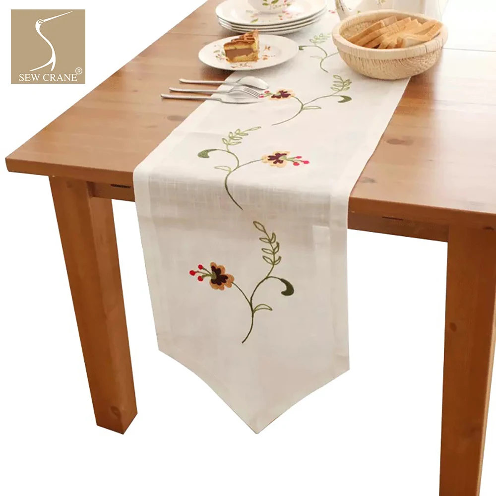 Sewcrane Rattan Plant Flowers Embroidered Design On Polyester Rectangle Pointed Table Runner With Tassel