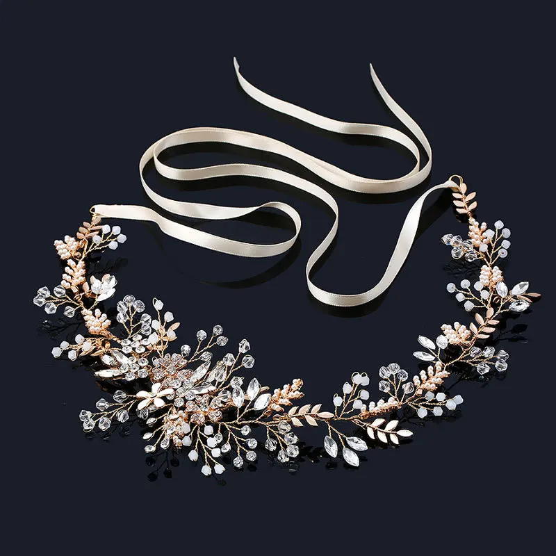 

Mariell Rose Gold Freshwater Pearl and Crystal Bridal Hair Vine Ribbon Headband