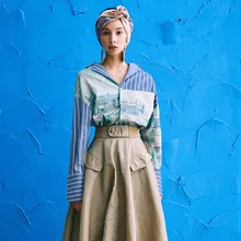 Vintage Oil Painting Print Patchwork Loose Blouse