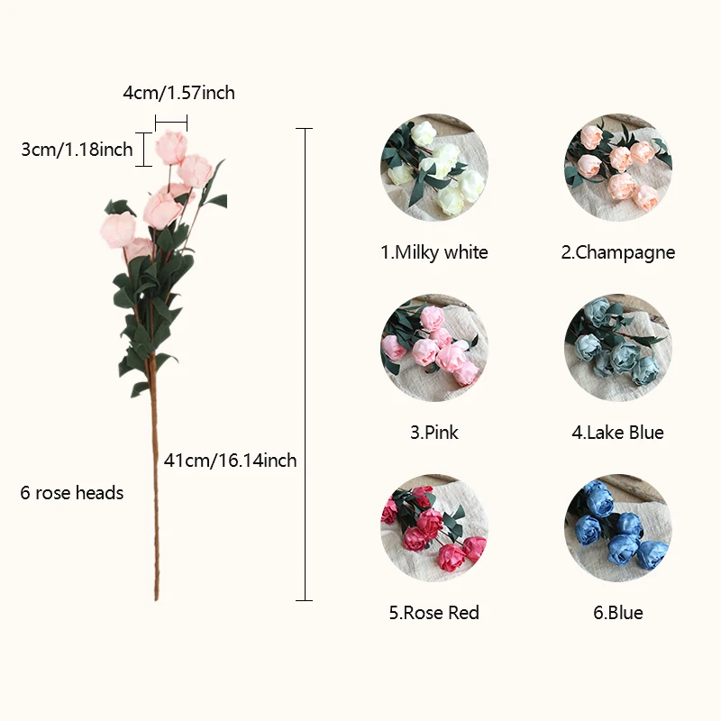 1PC Artificial PE Rose Flowers for Xmas New Year Home Table Decor Wedding Party Birthday Decoration 40cm 6 Heads Fake Plants