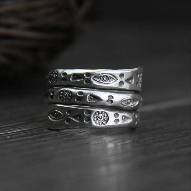 

Real Pure 999 Sterling Silver Rings For Women Multilayers Handmade Engraved Flowers Eyes Triangle Geometric Pattern Ethnic Rings