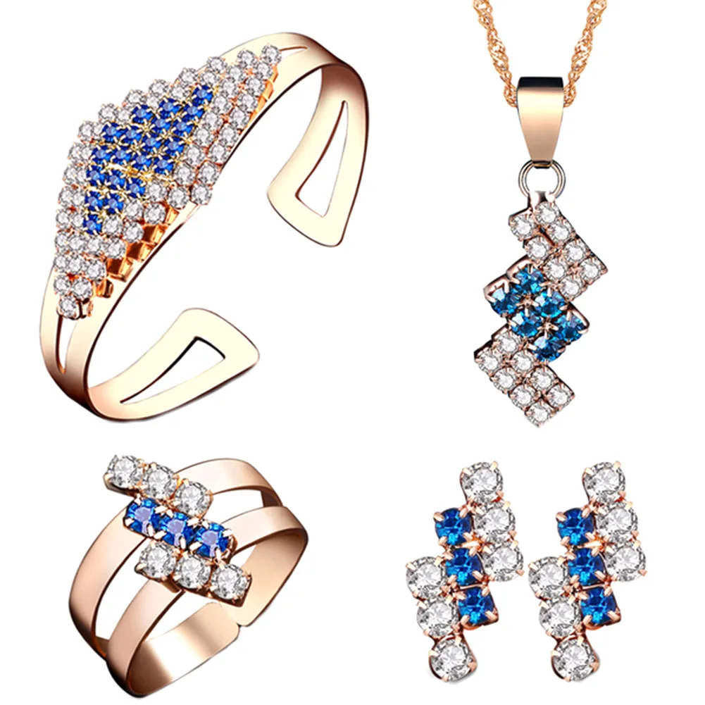 

TOP Quality Blue Crystal Creative Personality Fashion Jewelry Set Earring Necklace Ring Bracelet For Women