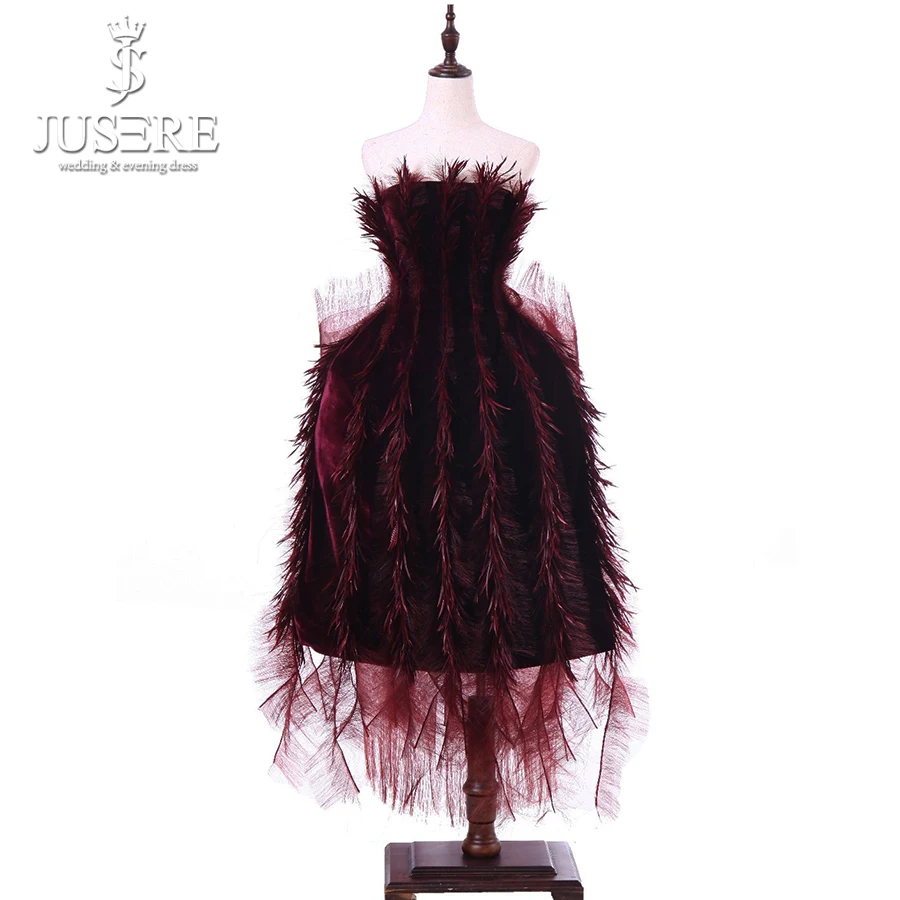 

Burgundy Tea Length Feather Evening Dress 2019 Unique Design Strapless Zipper Back Jusere Formal Party Gowns robe de soiree