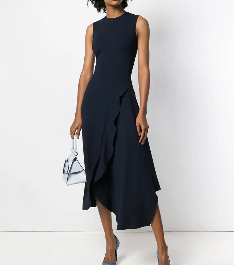 Новое поступление, однотонное платье Виктории Бекхэм, модные асимметричные платья без рукавов с круглым вырезом - Цвет: Черный