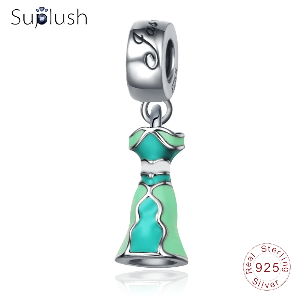 

Suplush Authentic 925 Sterling Silver Enamel Princess Dress Pendant Charms Beads fit Original Bracelets Fine Jewelry PSMB0844