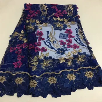 

HFX Latest High Quality Nigerian Net Lace Guipure African Embroidered Tulle Lace Royal Blue Beaded Lace Fabric X968-1