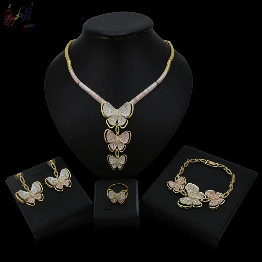 YULAILI Exquisite Three Tones Pure Gold Color Butterflies Design Jewelry Set Nigerian Wedding Woman Accessories