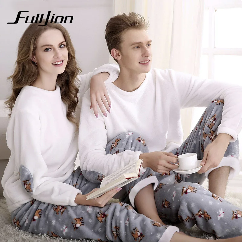 Fulljion осень зима фланель пара пижамный комплект круглый воротник утолщаются