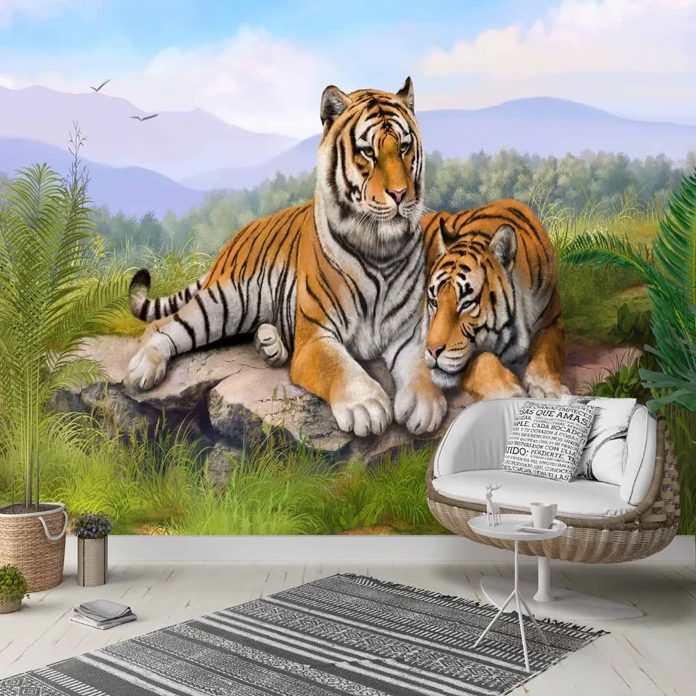 

Else Green Jungle Grass Wild Tigers Animals 3d Photo Cleanable Fabric Mural Home Decor living Room Bedroom Background Wallpaper