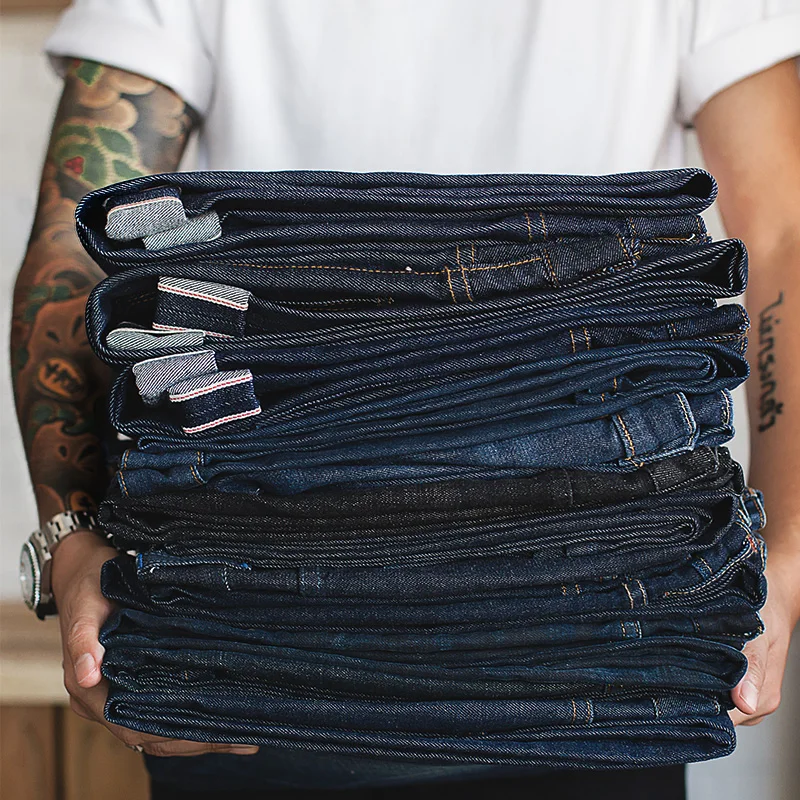 Maden Men's Cotton Retro Indigo Regular Jeans Straight Leg Slim Red Original Striped Denim Jeans Men