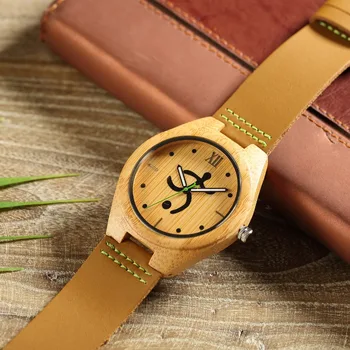 

2018 GIMSR Bamboo Wooden Watch Men's Retro Style Fashion Sports Dreess Casual Watch Brown Genuine Leather Wrist Watches for Men