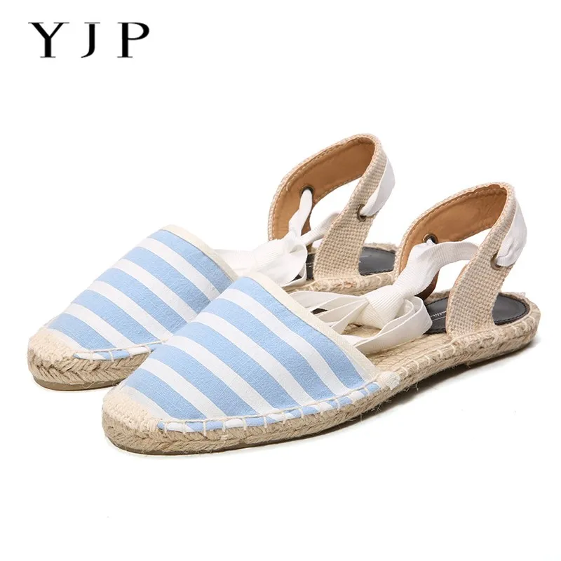 

YJP Women Canvas Espadrilles, Black/White/Pink/Sky Blue Striped Flats, Ladies Ankle Strap Hemp Bottom Fisherman Shoes For 2017