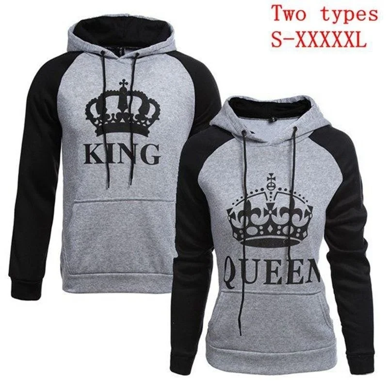 

Zogaa Womens and Men Couple Clothes Long Sleeve Hoodie Coat Gray King and Queen Print Lover Hooded Women Hoody Coat