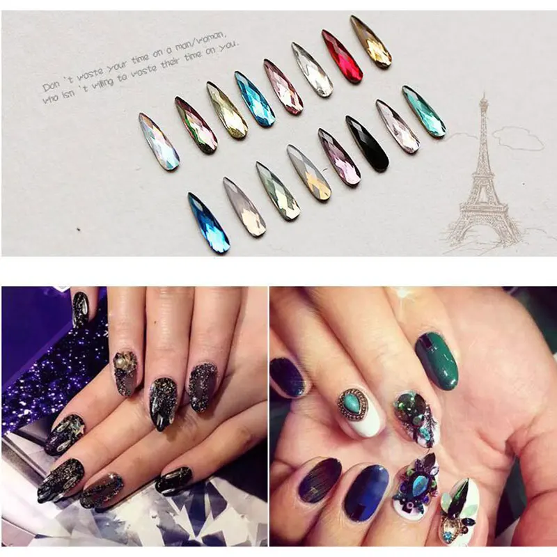 

2018 Pettey Colorful 3D Glitter Long Water Drop Nail Art Rhinestones Flat back Glass Crystal For Glue For Nails Art Decorations