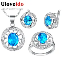 Uloveido серебряные ювелирные изделия с фианитами наборы с синими камнями ожерелье серьги кольцо Подарки для женщин 49% скидка T444 свадебные аксессуары