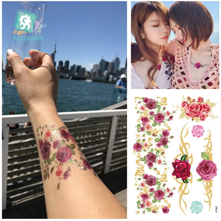 

VT365/Latest 2015 body temporary gold silver foil metallic flash tattoos rose