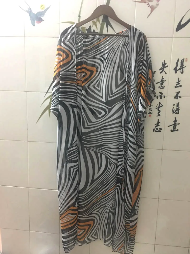 Fitshinling Big sizes chiffon beach cover up striped batwing sleeve kimono swimwear long cardigan summer swimsuits outerwear hot