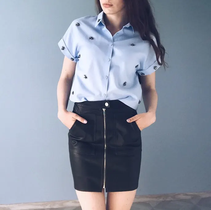 Tangada Women Blue Blouses Floral Beading Shirts Short Sleeve Turn-down Collar Shirt Female Casual Blusas Tops TB5