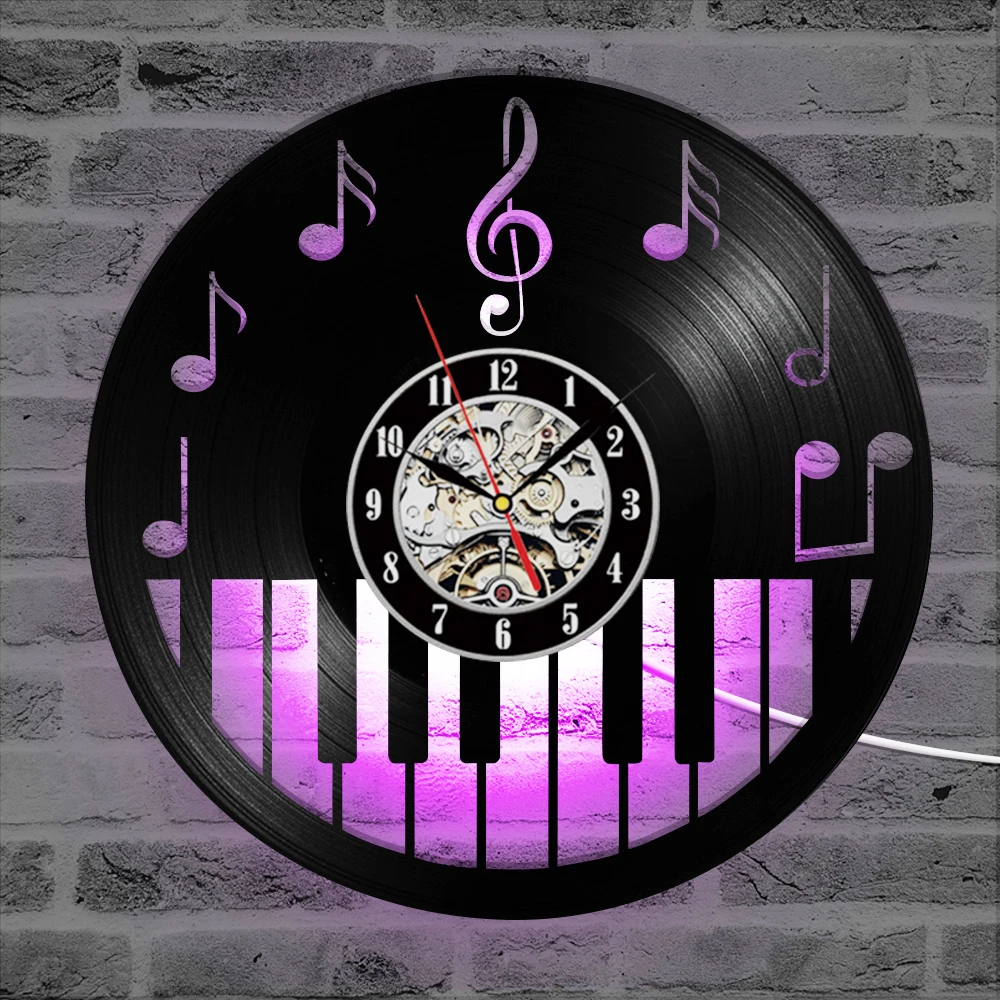 Günstige Hohl Klavier Keybord Vinyl Record Uhr Kreative und Antiken Stil Schwarz Runde LED Wanduhr Musik Klavier Decor Kunst Uhr