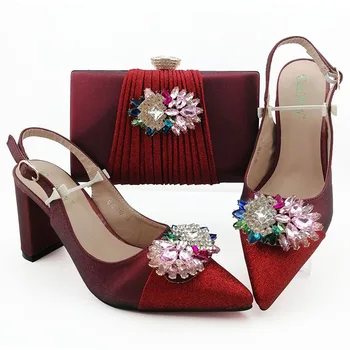 

Lady sandal shoes and clutches bag set newest fashion wine red italian shoes and bag with colorful stones flowers 2019 SB8396-3