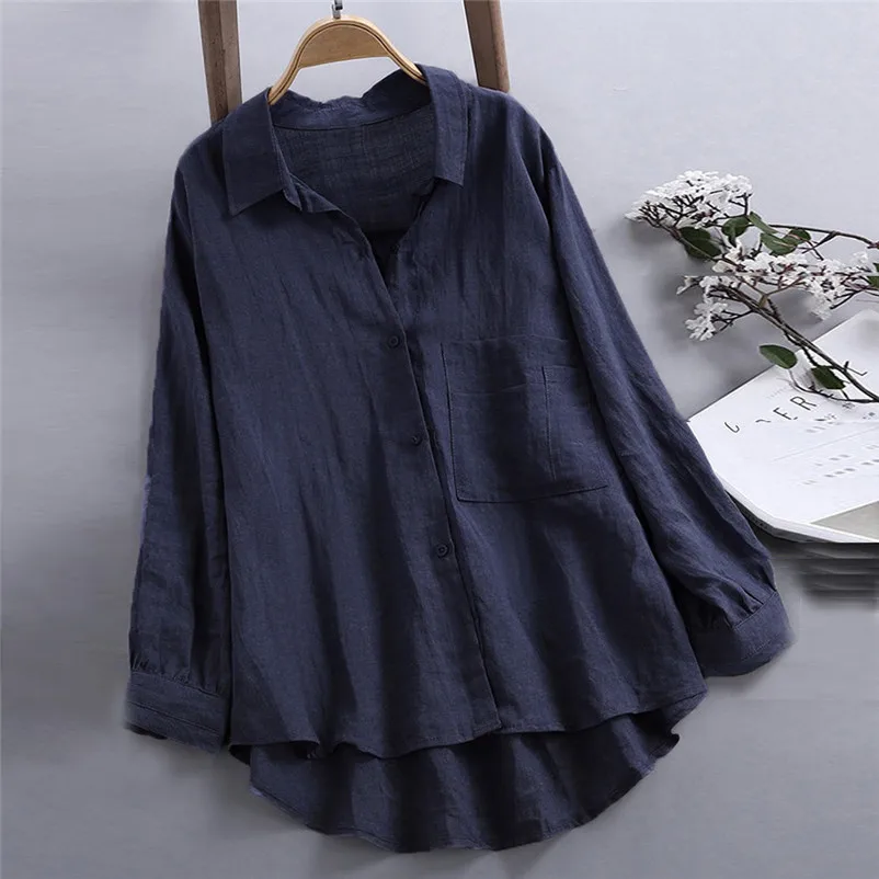 HOT Fashion womens tops and blouses 2018 Daily Casual Loose Linen Soild Button Solid Long Sleeve Shirt Blouse Tops A13#N  (3)