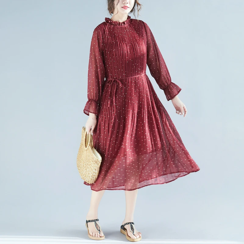 

Obrix Dot Pattern Vintage Loose Streetwear Light Chiffon Ruffled Collar Elastic Belt Mid Calf Length Full Poet Sleeve Dress