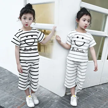 

Teenage girl set in 2019 summer striped letters round neck lace pants suit dress vest patchwork + wide leg pants 2 sets 3-14 5