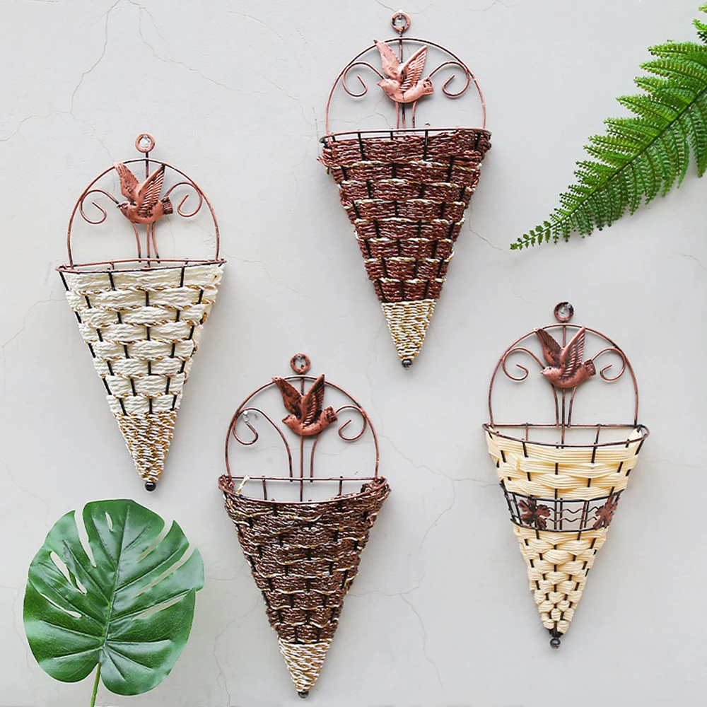 

Rattan Flower Pot Wall Hanging Ice Cream Flower Basket Artificial Flower Container Wall Mounted Plant Vase Garden Planter