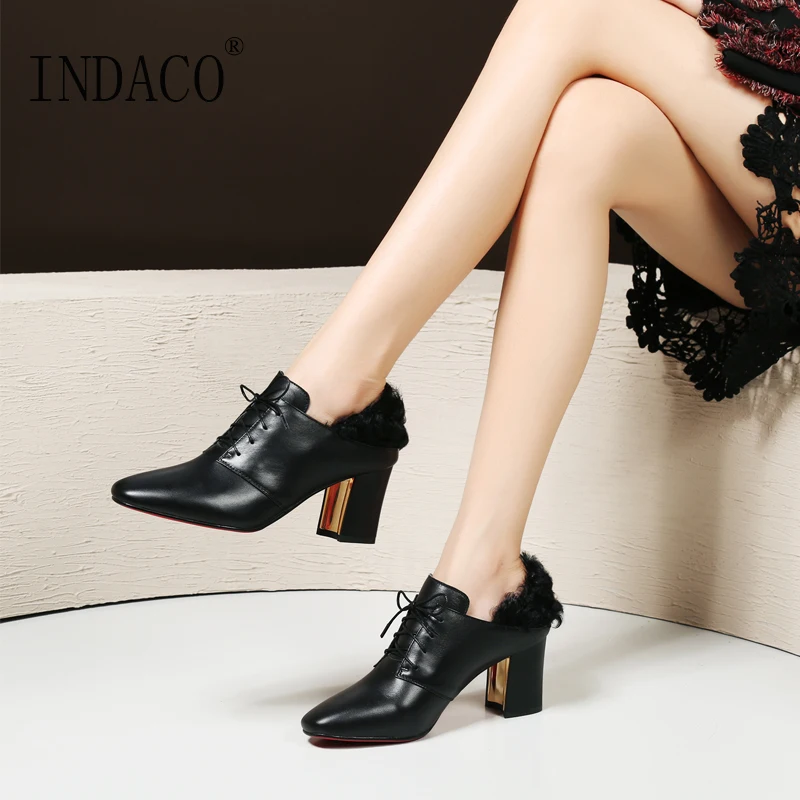 

Autumn Winter Women Leather Boots Real Fur Boots High Heel Red Bottom Shoes 9.5cm