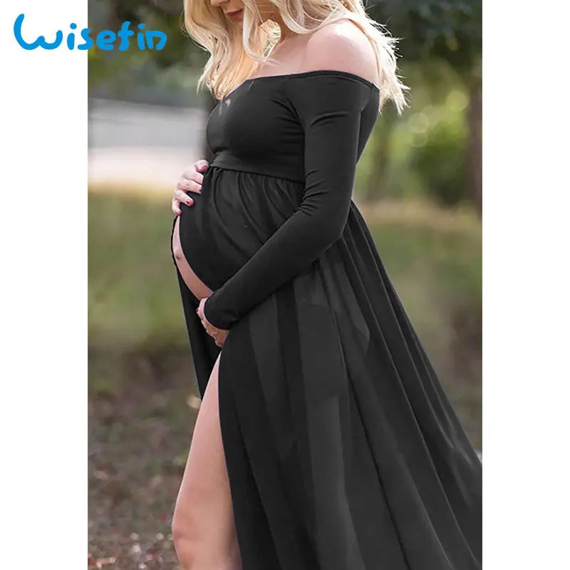 Wisefin платья для беременных реквизит для фотосъемки полупрозрачная Одежда для беременных платье для фотосъемки тюль женское платье для беременных на лето - Цвет: Черный