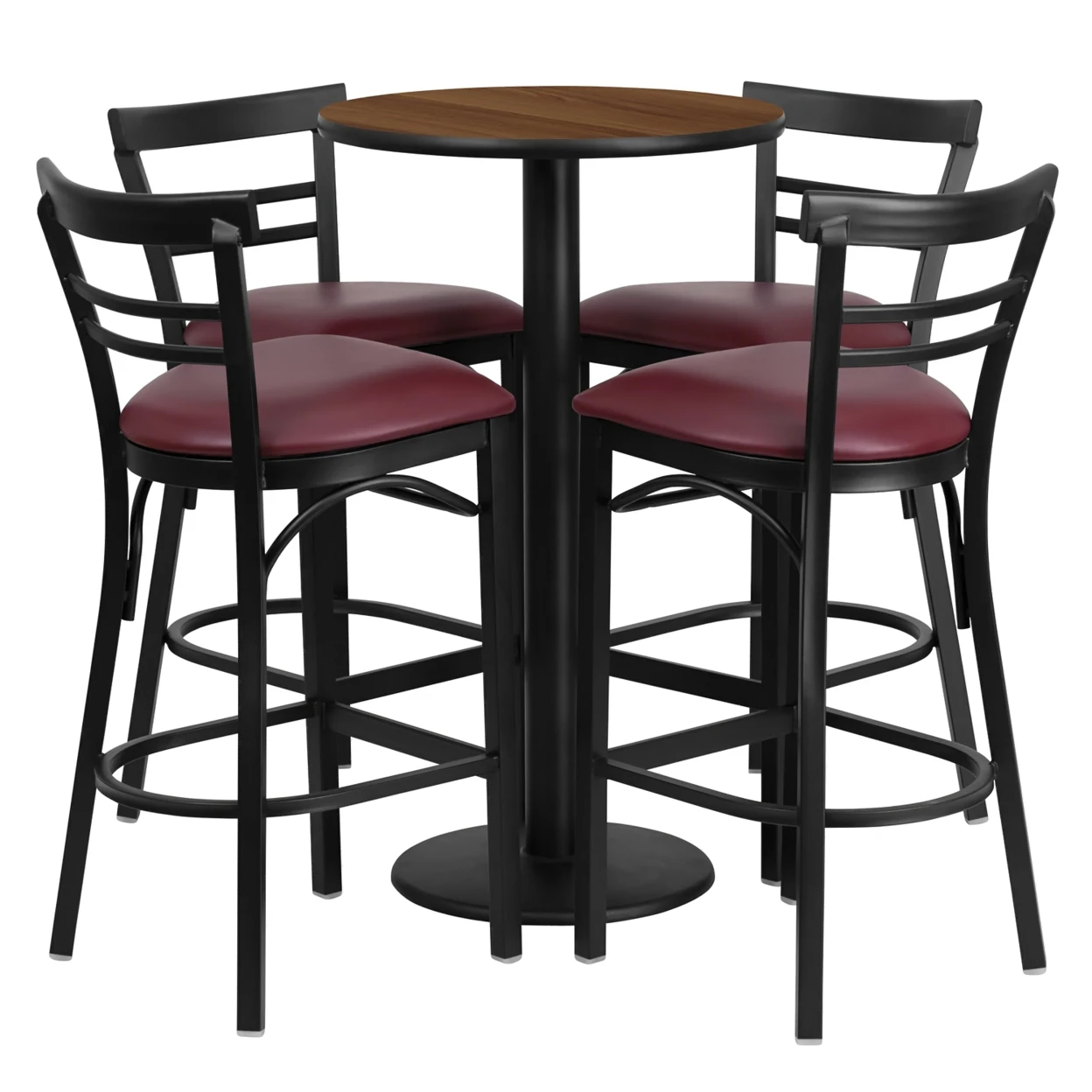 

Flash Furniture 24'' Round Walnut Laminate Table Set with 4 Ladder Back Metal Bar Stools - Burgundy Vinyl Seat [863-RSRB1040-GG]