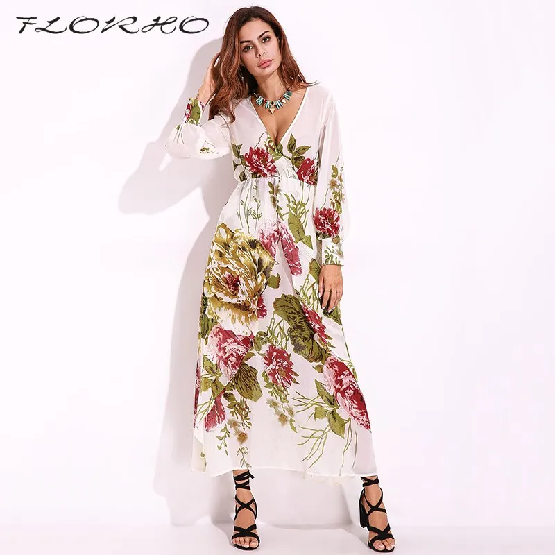 Plus Size 5XL Floral Print Chiffon Maxi Long Dress Summer Beach Women Clothes Sexy Long Sleeve Boho Wrapped Dress Party Sundress plus-floral-dress : image Plus Size 5XL Floral Print Chiffon Maxi Long Dress Summer Beach Women Clothes Sexy Long Sleeve Boho Wrapped Dress Party Sundress plus-floral-dress