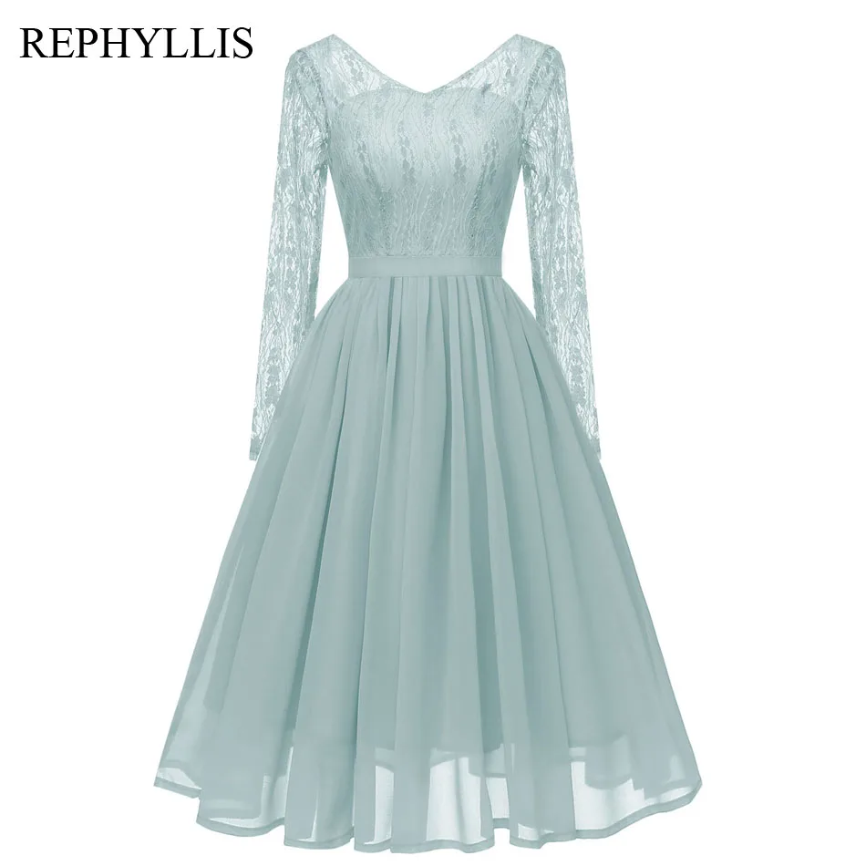 

REPHYLLIS Women Chiffon Full Sleeve V Neck Lace Little Backless Wedding Ceremony Cocktail Celebration Prom Guest Party Dress