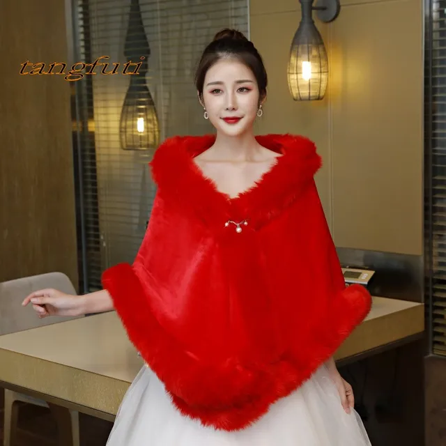 Disc  Cheap White Red Bridal Wraps Women's Faux Fur Wedding Bolero Wedding Cloak  Bridal Shawl Wedding Accessories Autumn Winter E70