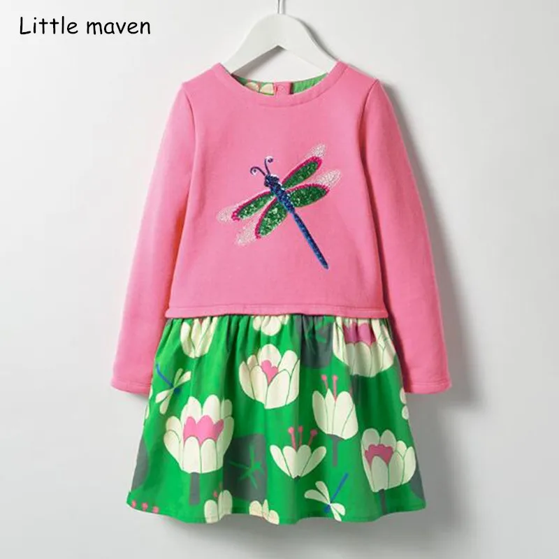 Little maven/ г. Брендовое осеннее детское платье новая одежда для маленьких девочек хлопковые платья для девочек с принтом стрекозы и машины S0361 S0362