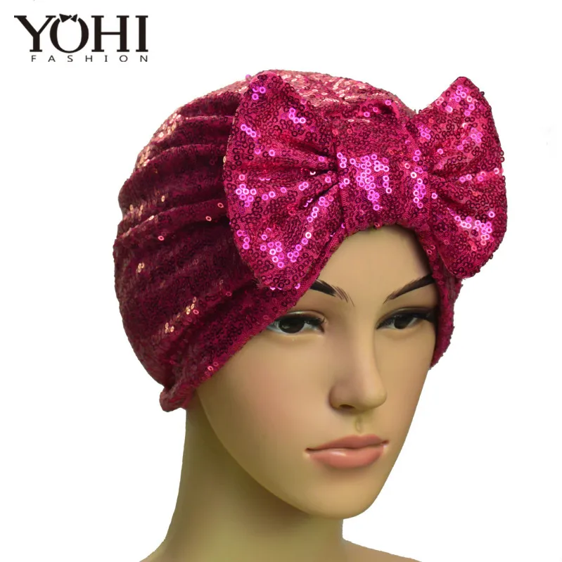 Элегантный женский бантик бабочка блестки головной платок обертывание головы тюрбан мягкий тюрбан с узлом шапочка тюрбан шапка для ladie шляпа - Цвет: Розово-красный