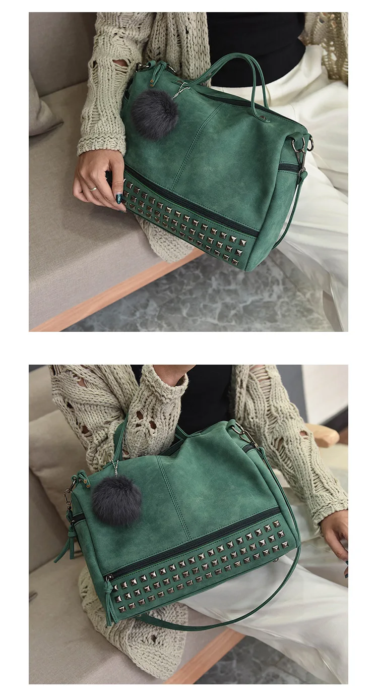 MJ Brand Design Women Handbag Fashion Suede Leather Top-Handle Bags Hair Ball Rivets Shoulder Bag Large Motorcycle Messenger Bag (7)