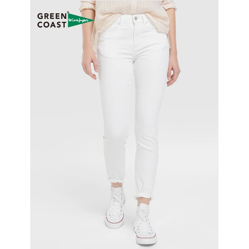Green Coast Pantalón Pitillos de Cinco Estampado Liso Blanco Cierre Delantero de Cremallera y Botón Trabillas en la Cintura Summer Pants Women Casual Pantalón Verano 2019 Mujer El Corte Inglés| Pantalones