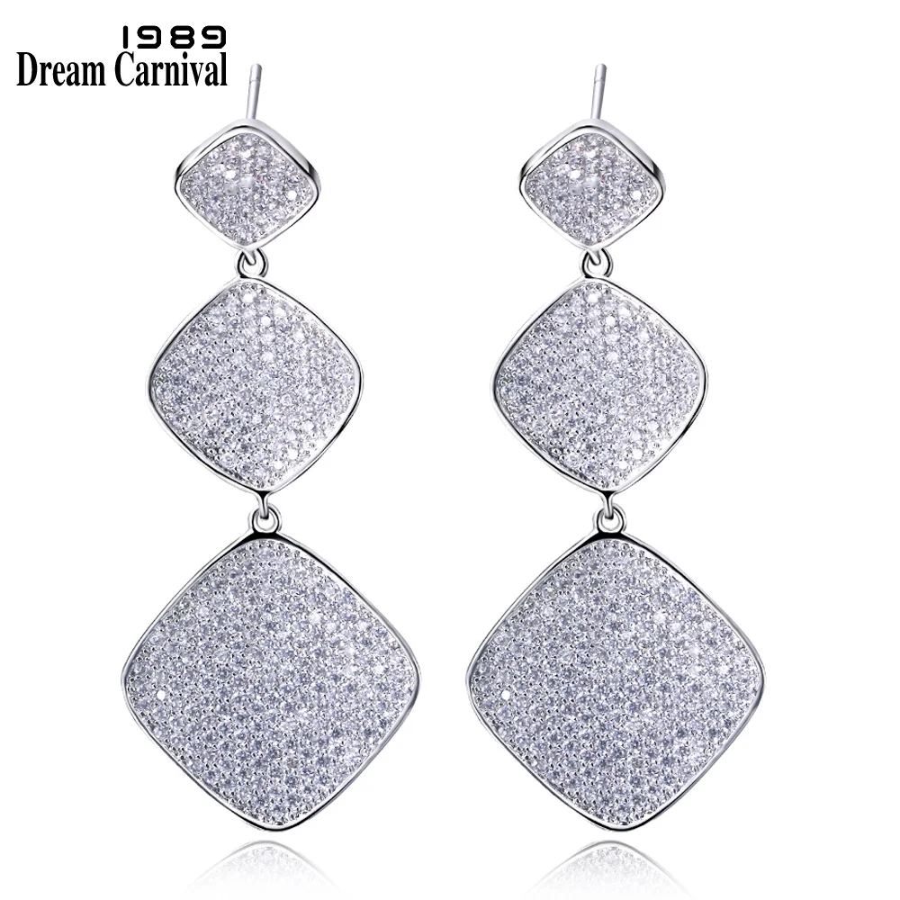 

DreamCarnival1989 New Geometric Design Jewellery 3 Square Shapes Micro Pave Setting Cubic Zirconia Long Dangle Earrings SE07615R