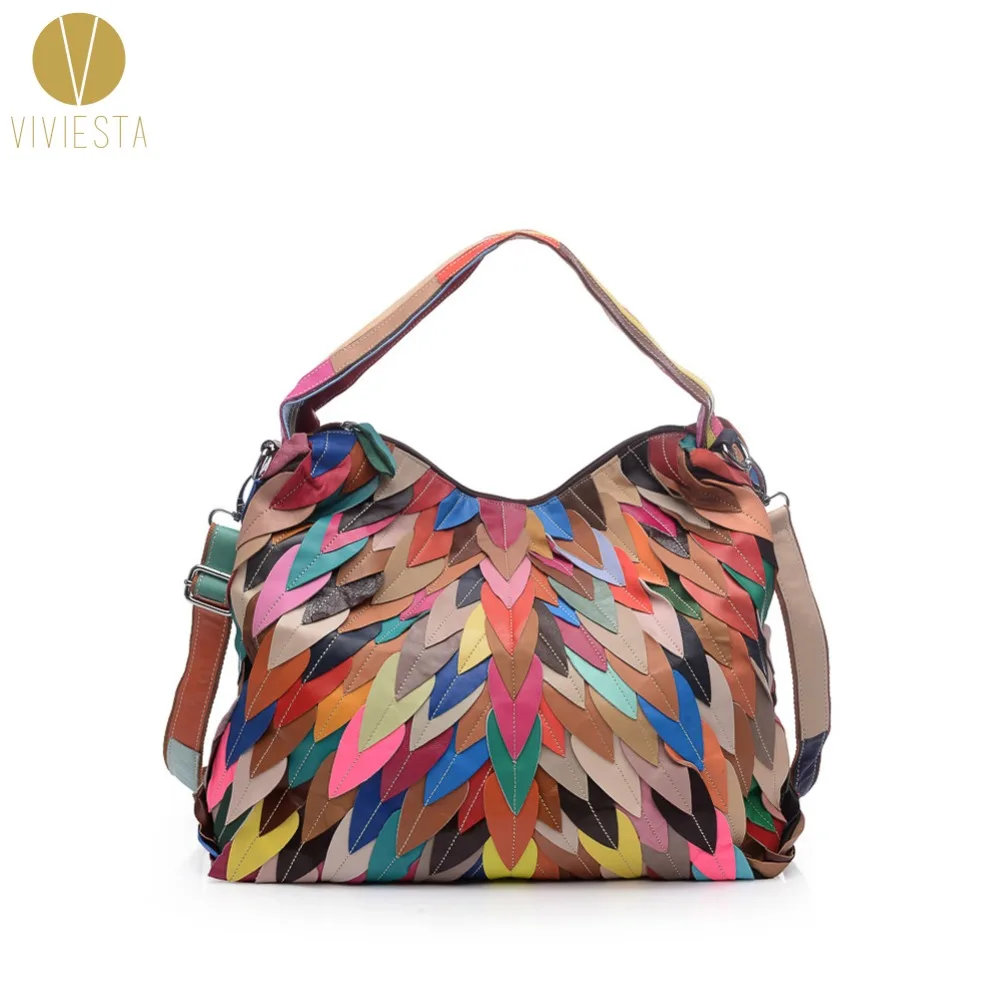 

SHEEPSKIN LEAFY PATCHWORK SHOULDER BAG Women Lady Genuine Leather Multi Colored Colorful Large Size Top Handle Crossbody Handbag