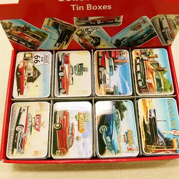 

16pc/Box CAR ON ROAD ROUTE 66 Pringting Metal Storage Box Vintage Style Card Box Rectangle Candy Box Gift Case Shop Decor