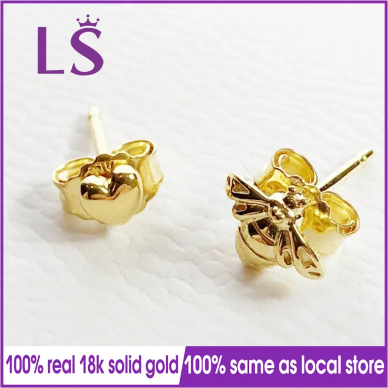 

LS 2018 New Arrivals Real Gold Heart & Bee Stud Earrings For Women Girls bijoux Wedding Engagement Accessories.Fashion Gifts.