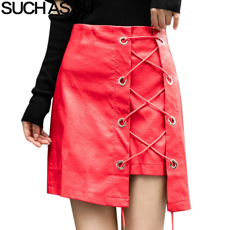 New Fashion PU Leather Asymmetrical Skirt Women 2018 Fall Winter Black Red Blue Lace-Up Mini Slim Irregular Female | Женская одежда