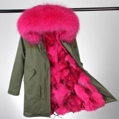 Новая длинная армейская зеленая зимняя женская куртка Уличная мода Парка Воротник из натурального меха енота Пальто Мех - Цвет: color 28