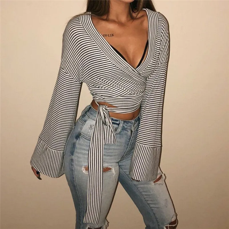 Fashion womens tops and blouses Autumn 2018 Casual Fashion Long Sleeve Striped V-Neck Bandage Blouse Shirt Tops de mujer S05#N (5)