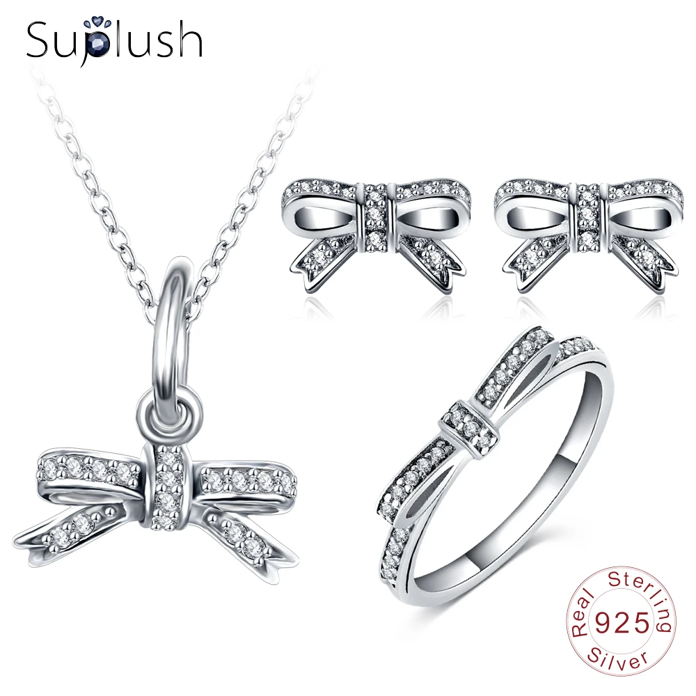 

Suplush Authentic 925 Sterling Silver Sparkling Bowknot Jewelry Sets Sterling Silver Jewelry For Women Luxury Jewelry Gift