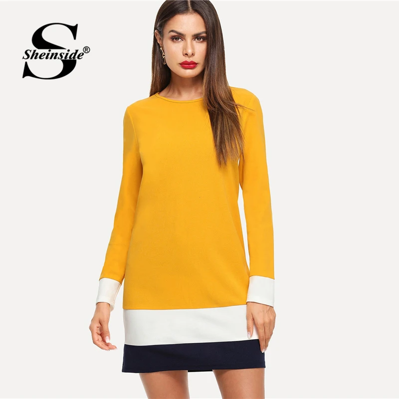 Sheinside Ginger Color Block Tunic Dress Women Autumn Clothes Long Sleeve Shift Dresses 2018 Ladies Workwear Casual Mini Dress