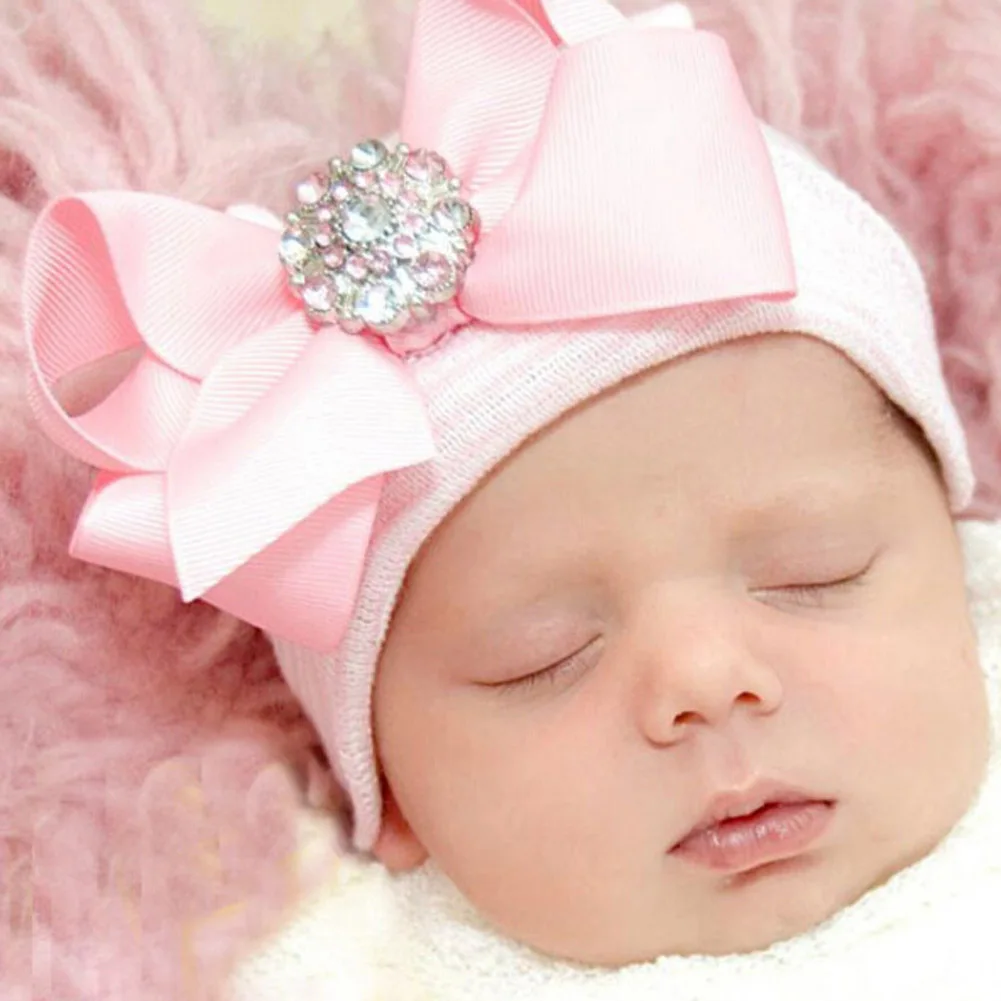 

New Freeshiping Pink Bowknot Sparkling Striped Knit Hat Pink Baby Newborn Hat
