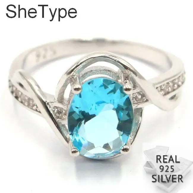 

SheType Romantic 2.83g Sky Blue Topaz White CZ Gift For Girls 925 Solid Sterling Silver Rings 21x12mm