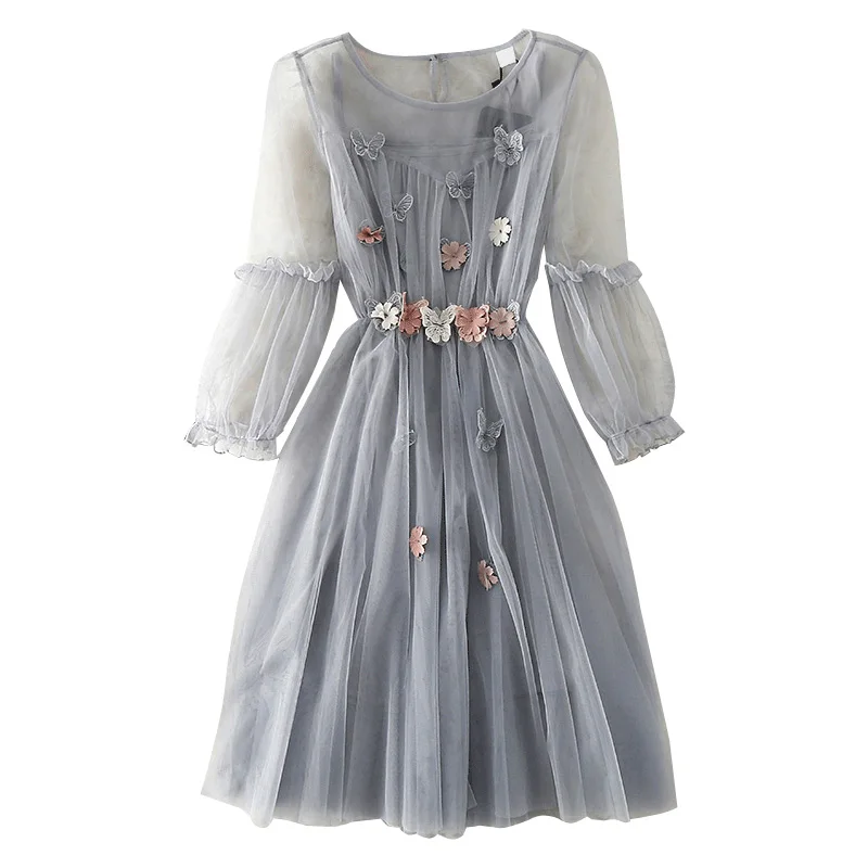 

Amolapha Women Mesh Dress with Tank Tops Appliques Lady Woman 3D Floral Dresses Vestidos